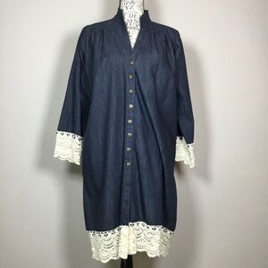 L&Ab blue denim shirt dress cream crochet cuff and hem western country size M